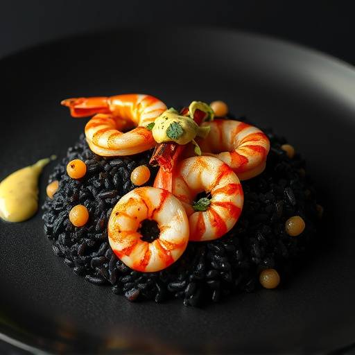 Arroz negro con sepia y gambas, decorado con alioli.