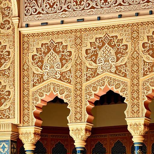 Detalle intrincado de la Alhambra de Granada, con arcos de herradura y azulejos decorativos.