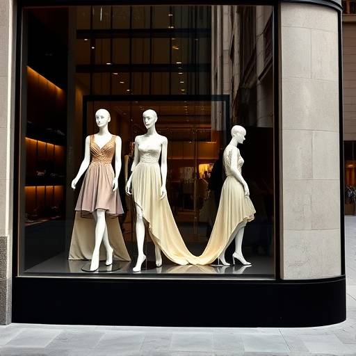 Escaparate de una tienda de lujo en el Paseo de Gracia de Barcelona con maniqu&iacute;es elegantes