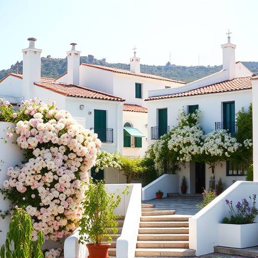 Fachadas blancas y floridas de un pueblo andaluz en Marbella.