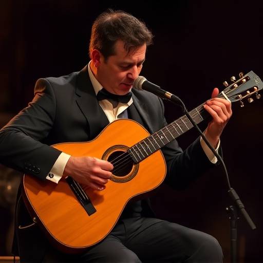 Guitarrista de flamenco tocando apasionadamente en un tablao, con luz tenue.