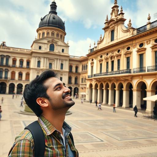Hombre sonriendo mientras admira la arquitectura detallada de una plaza hist&oacute;rica