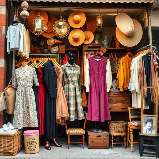 Imagen de un puesto de ropa vintage y antig&uuml;edades en un mercado callejero