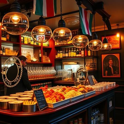 Interior animado de un bar de pintxos en San Sebasti&aacute;n con exhibici&oacute;n de delicias.