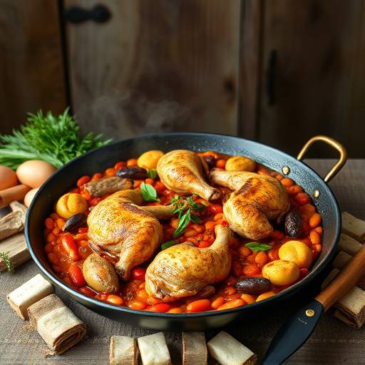 Paella valenciana tradicional con pollo, conejo, jud&iacute;as verdes y garrof&oacute; en una paellera grande.