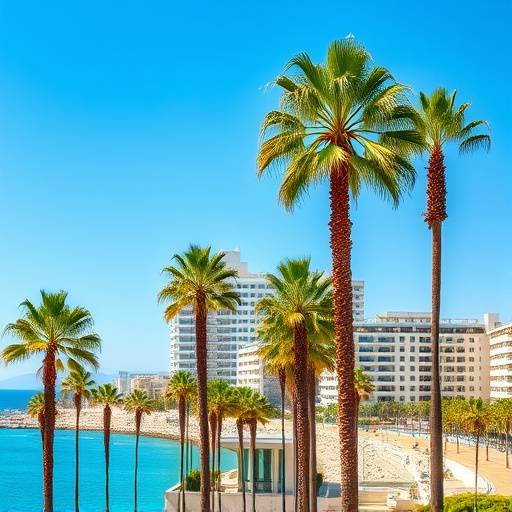Palmeras y edificios modernistas en la costa de Valencia