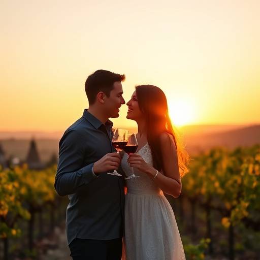 Pareja brindando con copas de vino en un vi&ntilde;edo al atardecer
