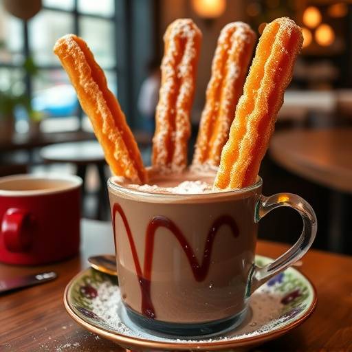 Plato de Churros con chocolate caliente espeso, espolvoreado con az&uuml;car.