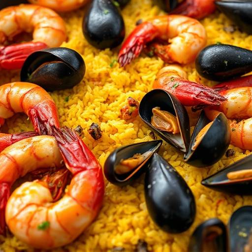 Primer plano de paella con mariscos y gambas reci&eacute;n hecha