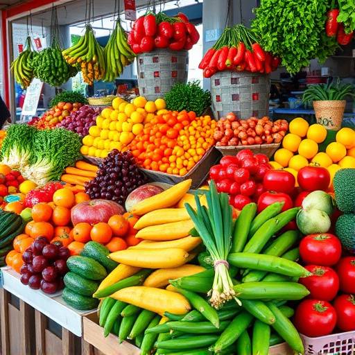 Puesto de mercado lleno de frutas y verduras frescas de temporada