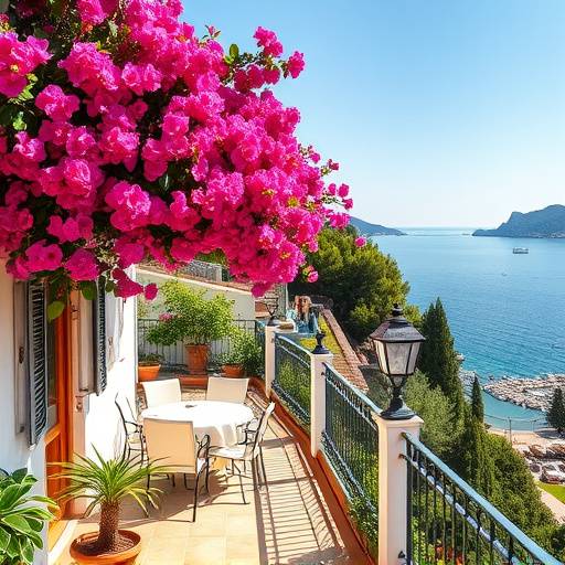Terraza de hotel con encanto en la Costa Brava, adornada con buganvillas y vistas al Mediterr&aacute;neo
