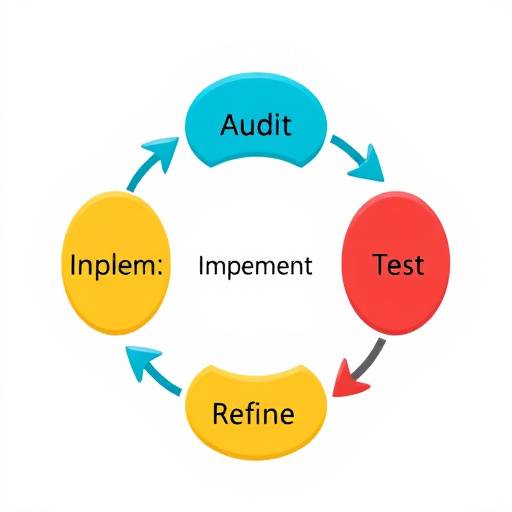 Un diagrama de flujo que ilustra un ciclo continuo de mejora, con pasos como 'Auditar', 'Implementar', 'Probar' y 'Refinar'.