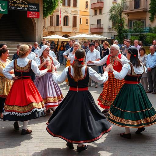 Un grupo de personas bailando la sardana en un c&iacute;rculo en una plaza de Catalu&ntilde;a, con trajes tradicionales.