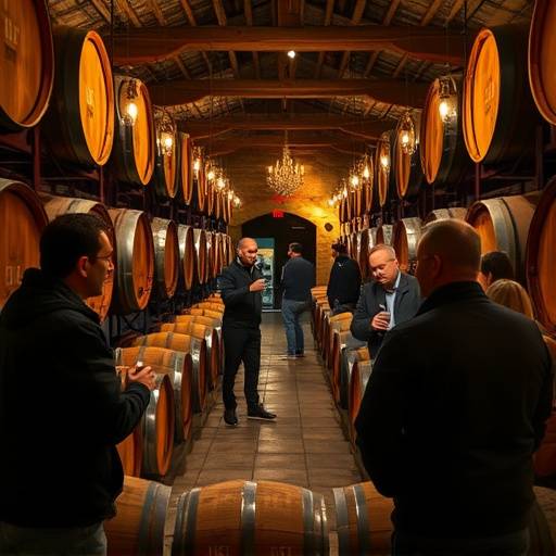 Un grupo de personas catando vino en una bodega tradicional, con barriles de roble de fondo.