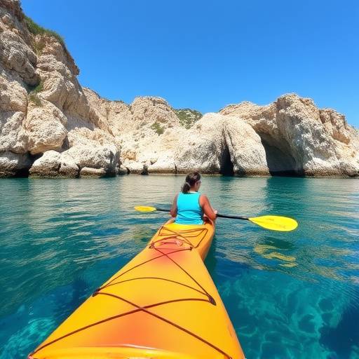 Un kayak navegando por aguas cristalinas de una cala en las Islas Baleares, con acantilados escarpados al fondo.