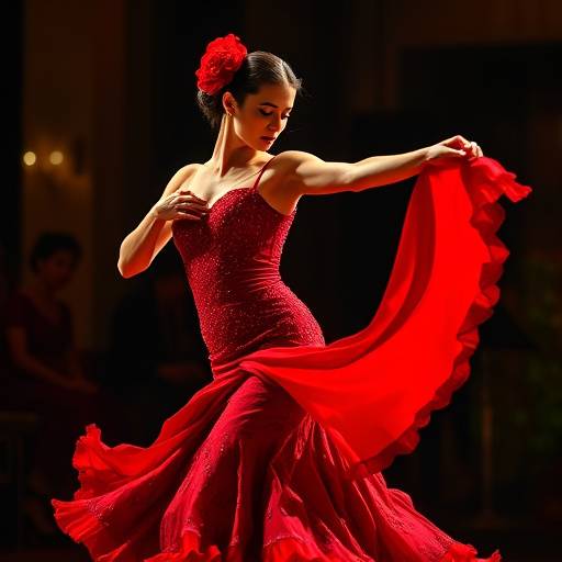 Una bailaora de flamenco con un vestido rojo vibrante, actuando con pasi&oacute;n.