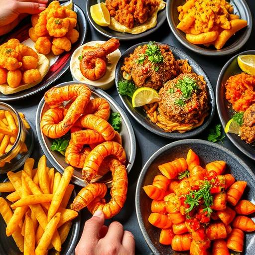 Una mesa llena de diferentes tapas coloridas y apetitosas, como gambas al ajillo y patatas bravas.