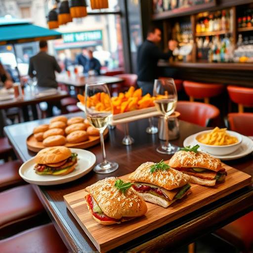 Una mesa llena de montaditos y pinchos variados en Madrid.