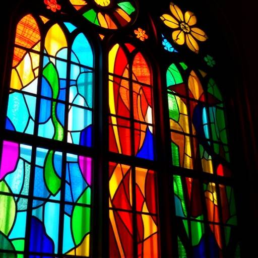 Vidrieras de colores vibrantes en una ventana, con luz atraves&aacute;ndola.