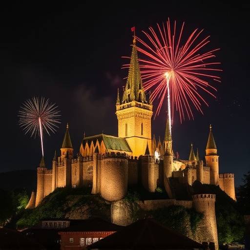Vista nocturna de un castillo iluminado durante un festival de fuegos artificiales en el norte de Espa&ntilde;a